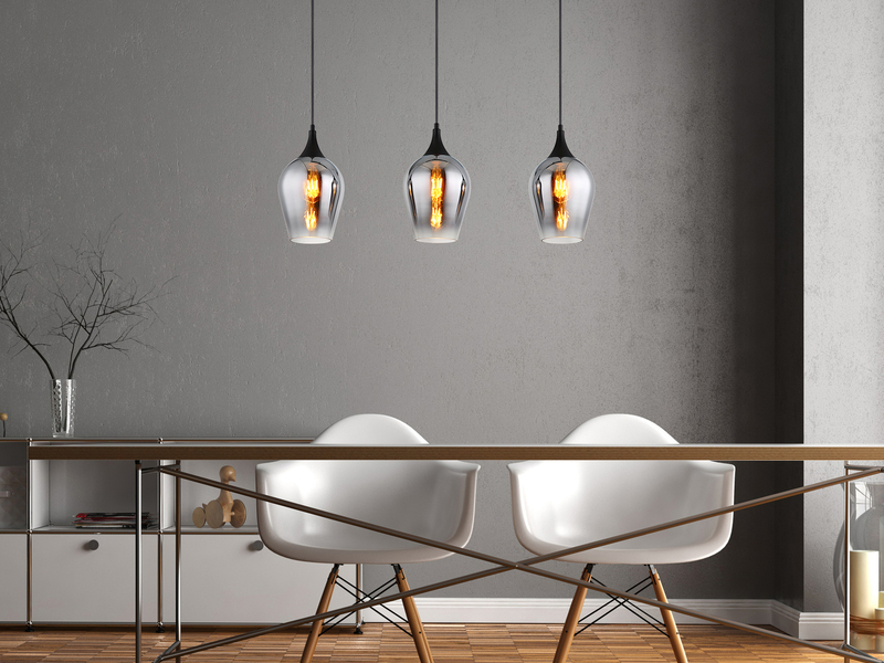 Ausgefallene Pendelleuchte LAVUS mit drei Rauchglas Schirmen, Breite 83cm