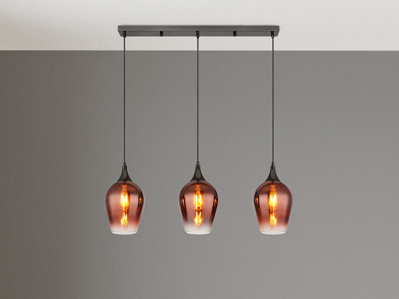 Ausgefallene Pendelleuchte LAVUS mit drei Kupferfarbigen Schirmen, B: 83cm