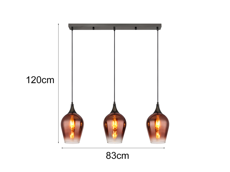 Ausgefallene Balkenpendelleuchte LAVUS mit drei Kupferfarbigen Schirmen, B: 83cm