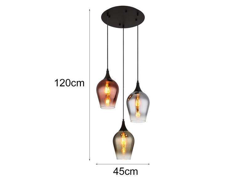 Ausgefallene Pendelleuchte LAVUS mit drei bunten Glas Lampenschirmen, Ø45cm