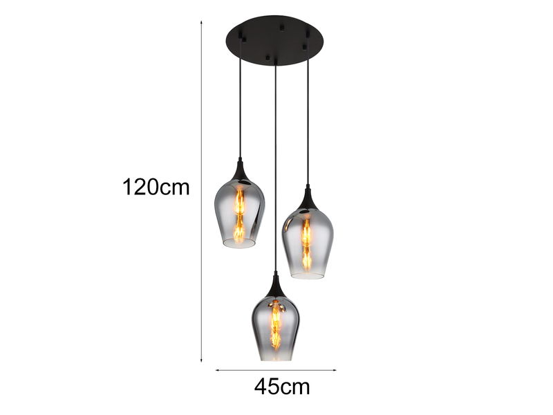 Ausgefallene Pendelleuchte LAVUS mit drei Rauchglas Lampenschirmen, Ø45cm