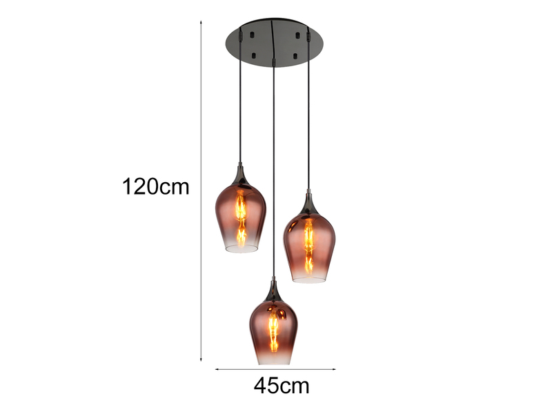 Ausgefallene Pendelleuchte LAVUS mit drei Kupferfarbigen Glasschirmen, Ø45cm