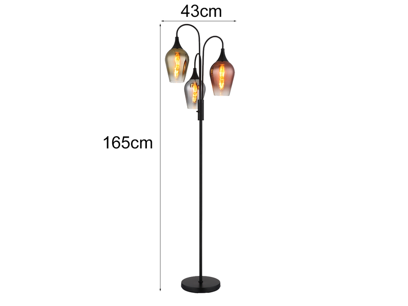 Ausgefallene Stehleuchte LAVUS mit drei bunten Glasschirmen, Höhe 165cm