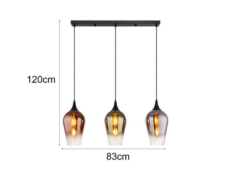 Ausgefallene LED Balkenpendelleuchte mit drei bunten Glasschirmen, B 83cm