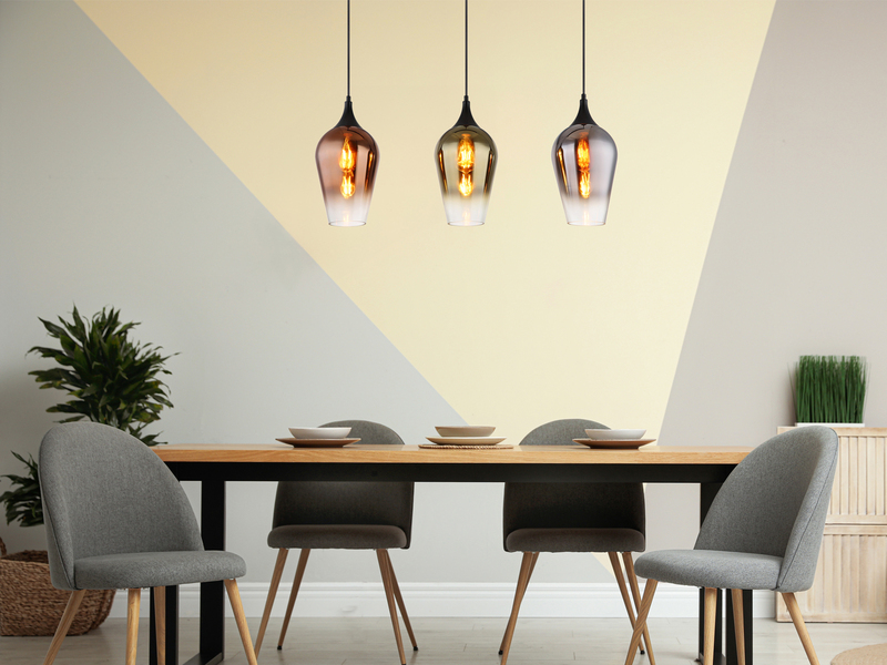 Ausgefallene LED Pendelleuchte mit drei bunten Glasschirmen, Breite 83cm