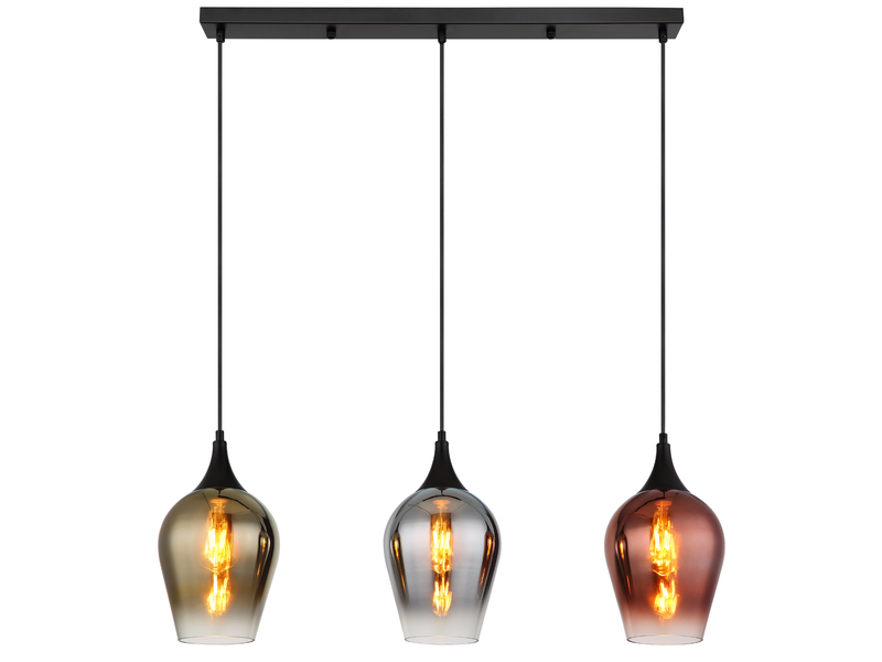 Ausgefallene LED Pendelleuchte 3-flammig Glasschirme bunt, B: 83cm