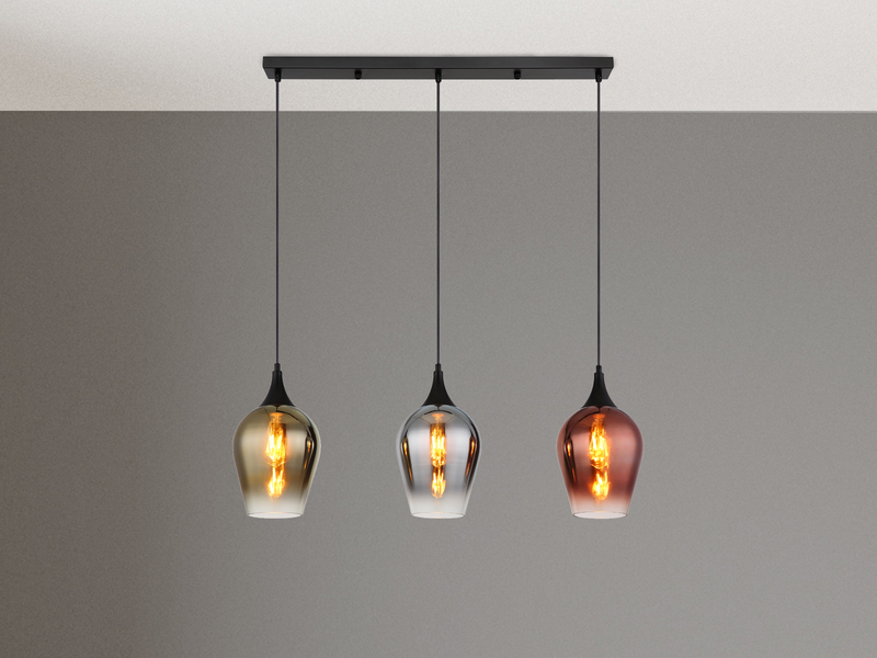 Ausgefallene LED Pendelleuchte 3-flammig Glasschirme bunt, B: 83cm