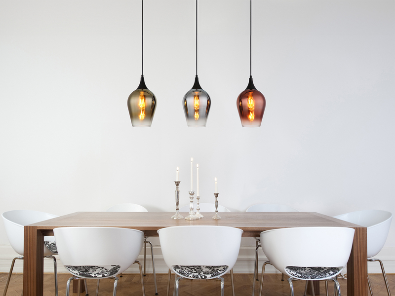 Ausgefallene LED Pendelleuchte 3-flammig Glasschirme bunt, B: 83cm
