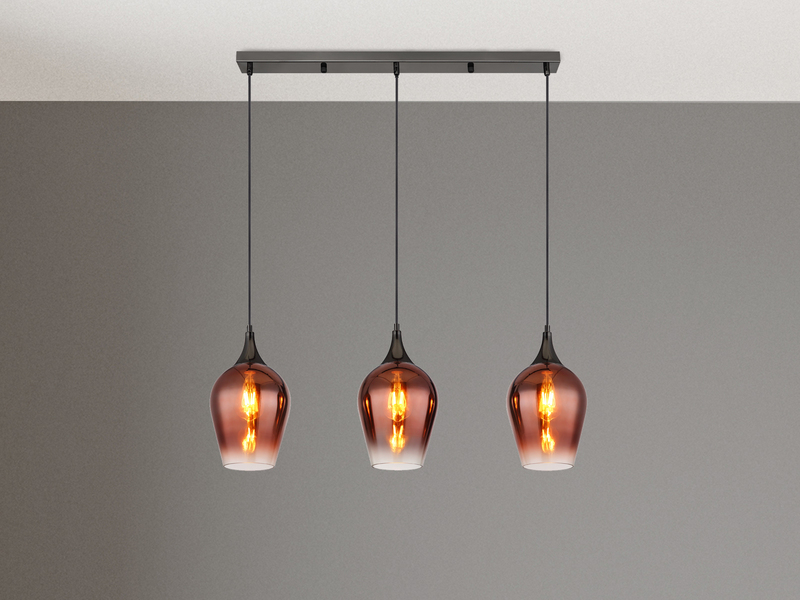 Ausgefallene LED Pendelleuchte mit drei Kupferfarbigen Schirmen, Breite 83cm