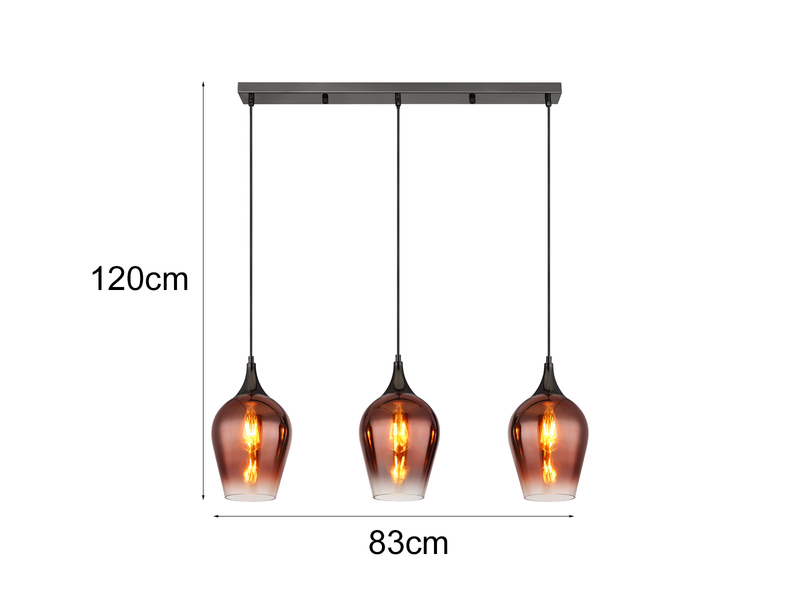 Ausgefallene LED Balkenpendelleuchte mit drei Kupferfarbigen Schirmen, B: 83cm