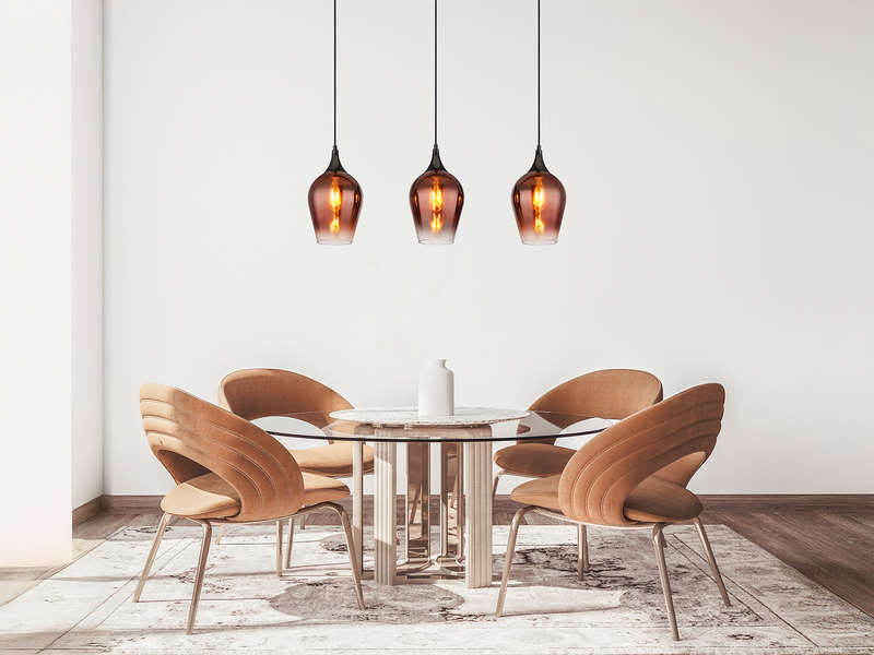 Ausgefallene LED Pendelleuchte mit drei Kupferfarbigen Schirmen, Breite 83cm