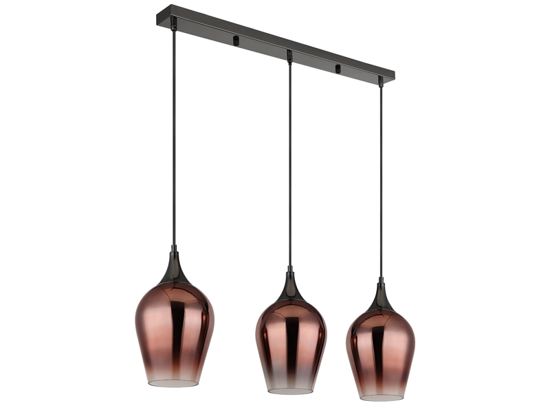 Ausgefallene LED Pendelleuchte mit drei Kupferfarbigen Schirmen, Breite 83cm