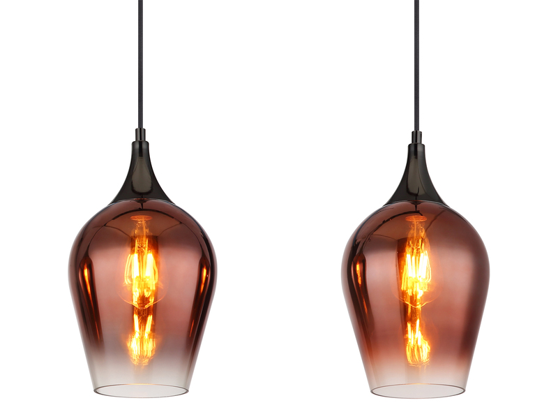 Ausgefallene LED Pendelleuchte mit drei Kupferfarbigen Schirmen, Breite 83cm