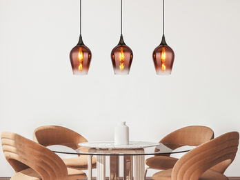 Ausgefallene LED Pendelleuchte mit drei Kupferfarbigen Schirmen, B: 83cm