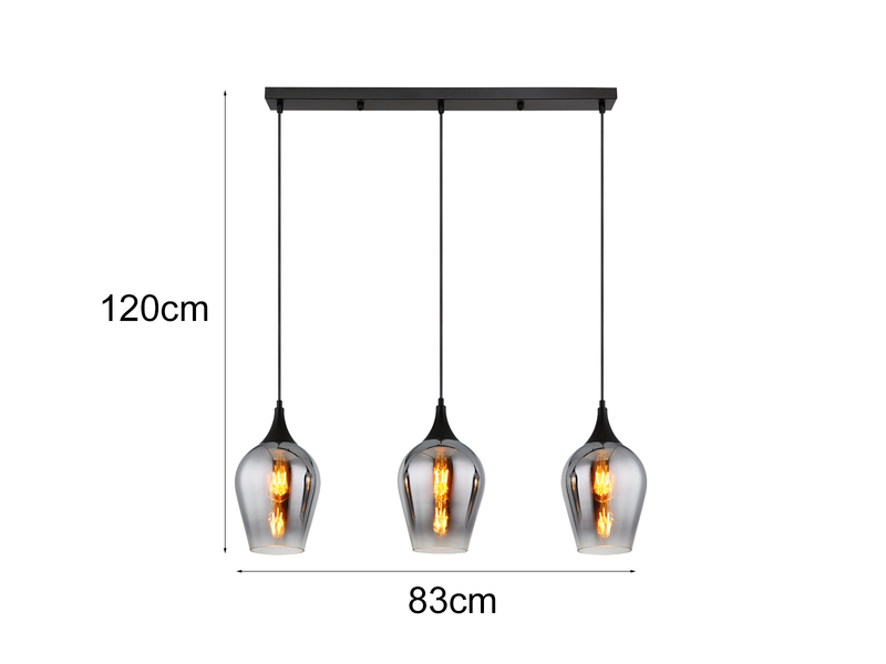 Ausgefallene LED Balkenpendelleuchte mit drei Rauchglas Schirmen, B: 83cm