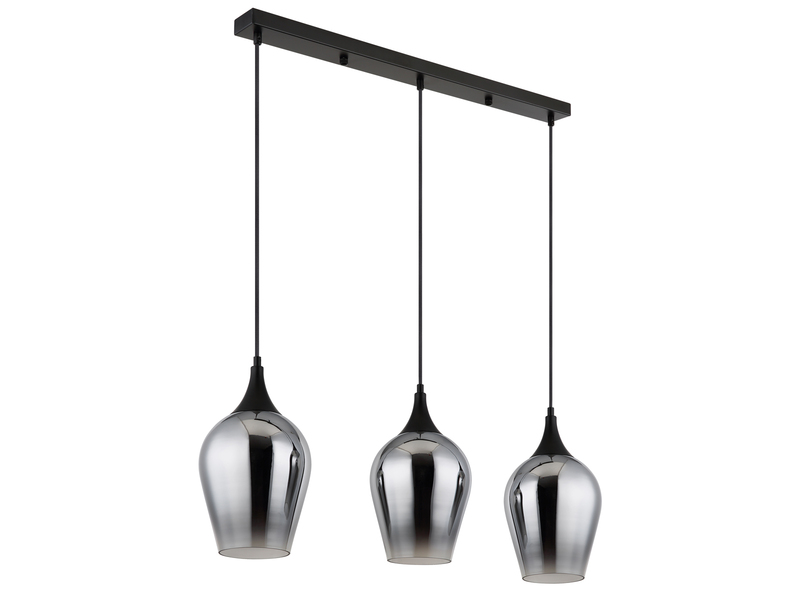 Ausgefallene LED Pendelleuchte mit drei Rauchglas Schirmen, Breite 83cm