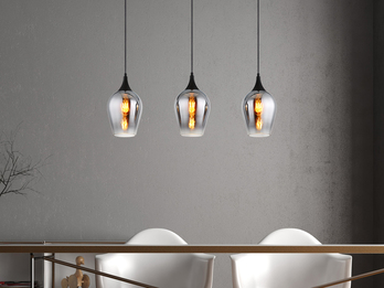 Ausgefallene LED Pendelleuchte mit drei Rauchglas Schirmen, B: 83cm