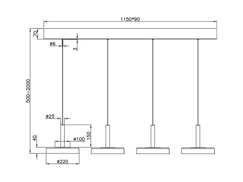 LED Pendelleuchte CELESTE 4-flammig höhenverstellbar Glas Chrom B: 115cm