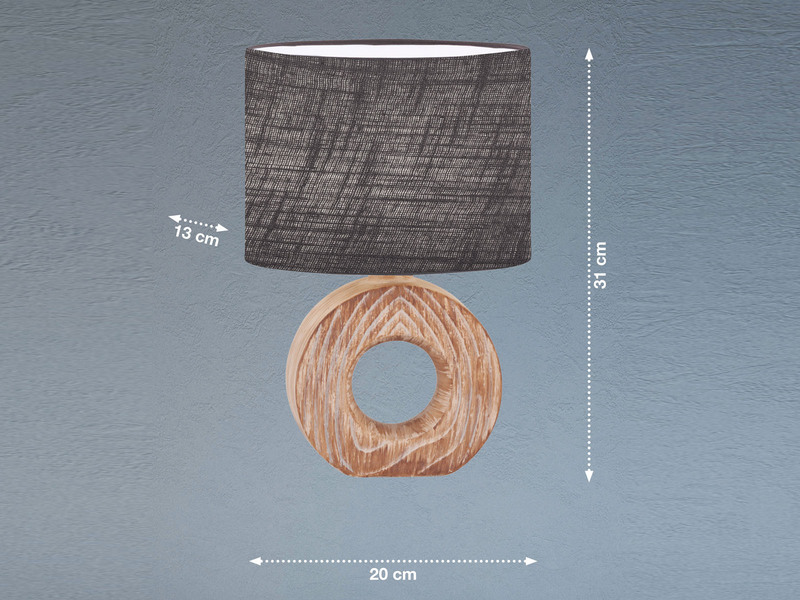 Tischleuchte HANKE mit Keramikfuß Holzoptik & Leinenschirm Grau, Höhe 31cm