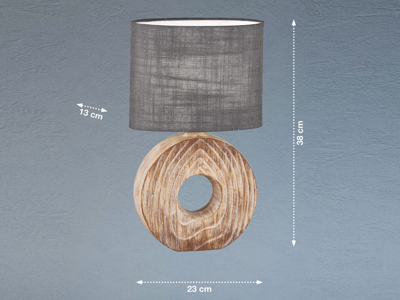 Tischleuchte HANKE mit Keramikfuß Holzoptik & Leinenschirm Grau, Höhe 38cm