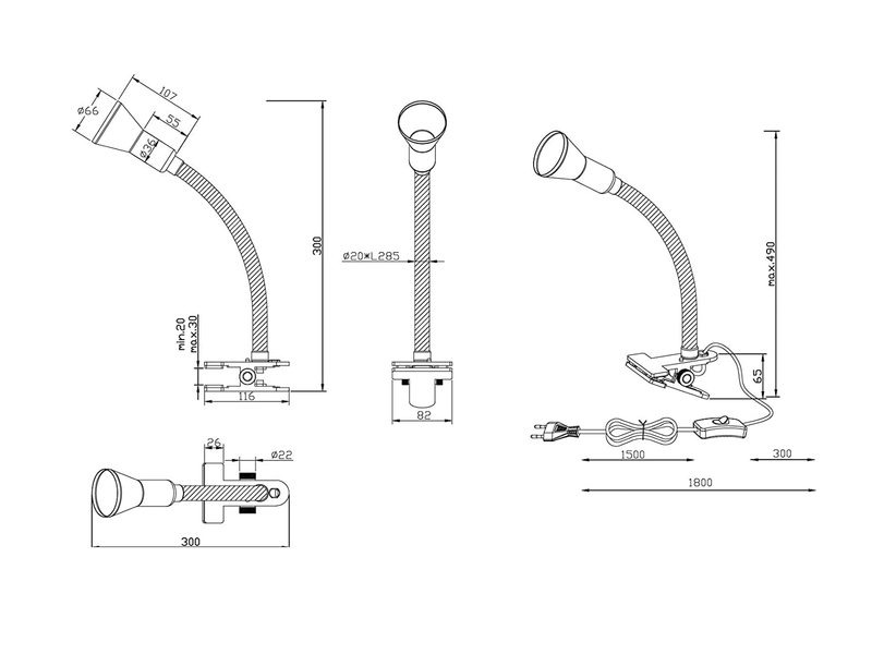 Schlauch-Klemmlampe FLEXO, E14, Höhe 49cm, flexibel, schwarz