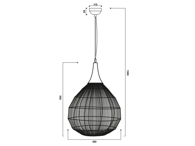 Große Pendelleuchte SORAYA mit Drahtgeflecht Lampenschirm Schwarz, Ø42cm