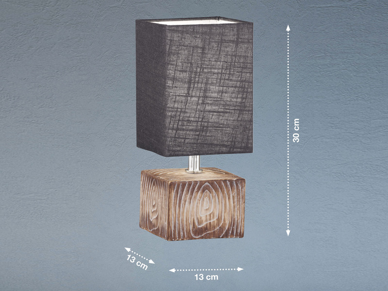 Tischleuchte HAUKE mit Keramikfuß Holzoptik & Leinenschirm Grau, 30cm klein