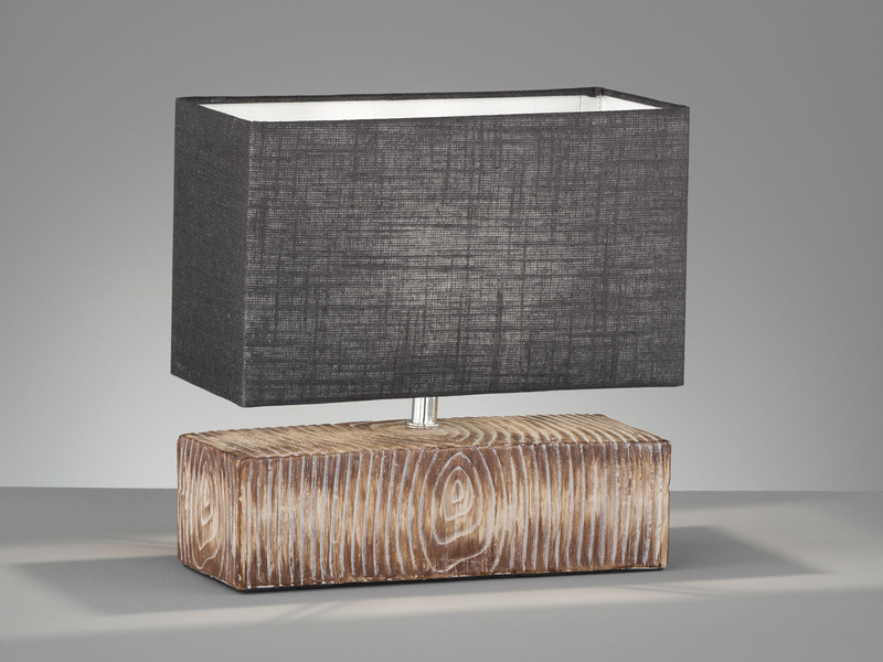 Tischleuchte HAUKE Keramikfuß Holzoptik & Leinenschirm Grau, Höhe 30cm