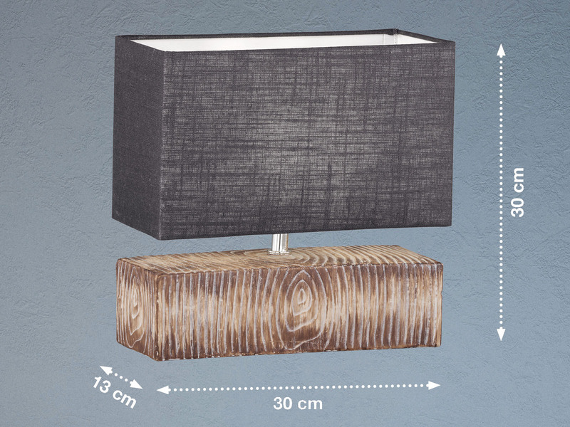Tischleuchte HAUKE Keramikfuß Holzoptik & Leinenschirm Grau, Höhe 30cm