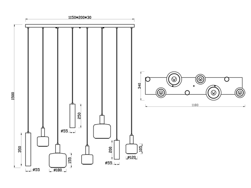Pendelleuchte MATARO 8-flammig Metall mit Glasschirmen Chrom, Breite 118cm
