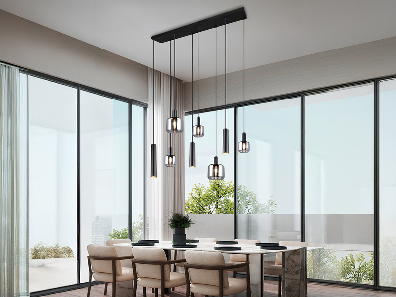 Pendelleuchte MATARO 8-flammig Metall mit Glasschirmen Chrom, Breite 118cm