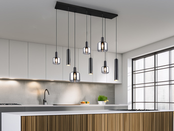 Pendelleuchte MATARO 8-flammig aus Metall mit Glasschirmen Chrom, B: 118cm