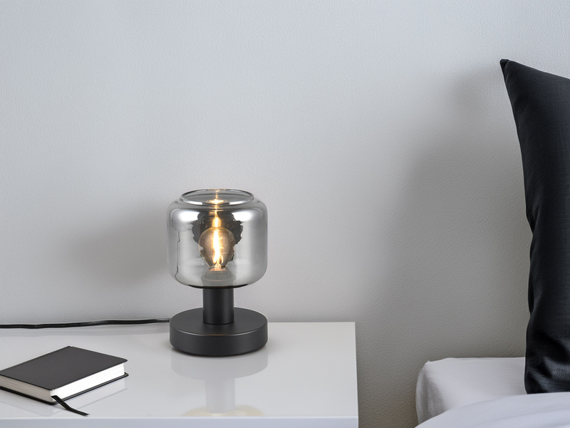 Kleine Tischleuchte mit Glasschirm Chrom bedampft & E14 LED,  Höhe 18cm