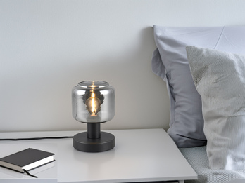 Kleine Tischleuchte mit Glasschirm Chrom bedampft & E14 LED, Höhe 18cm Kleine Tischleuchte mit Glasschirm Chrom bedampft & E14 LED, Höhe 18cm