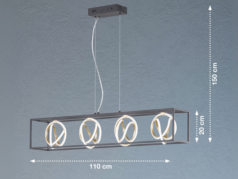 LED Pendelleuchte GISI 4-flammig Schwarz Gold dimmbar & Tageslicht, Breite 110cm