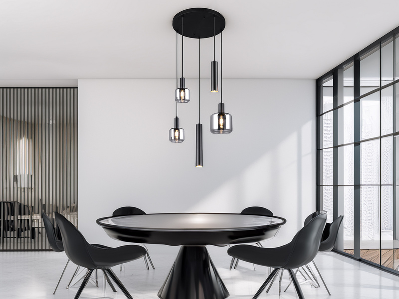 Cluster Pendelleuchte 5-flammig Metall mit Glasschirmen Chrom, inkl. LEDs Ø 40cm