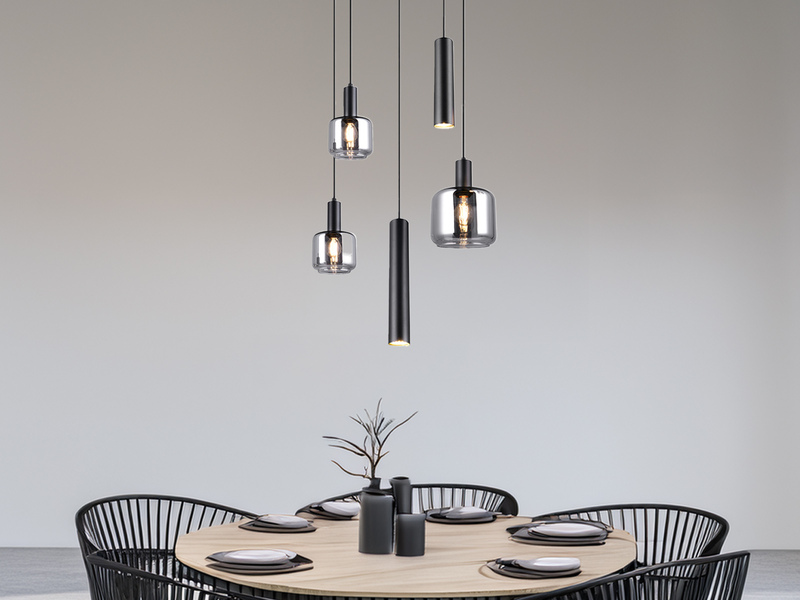 Cluster Pendelleuchte 5-flammig Metall mit Glasschirmen Chrom, inkl. LEDs Ø 40cm