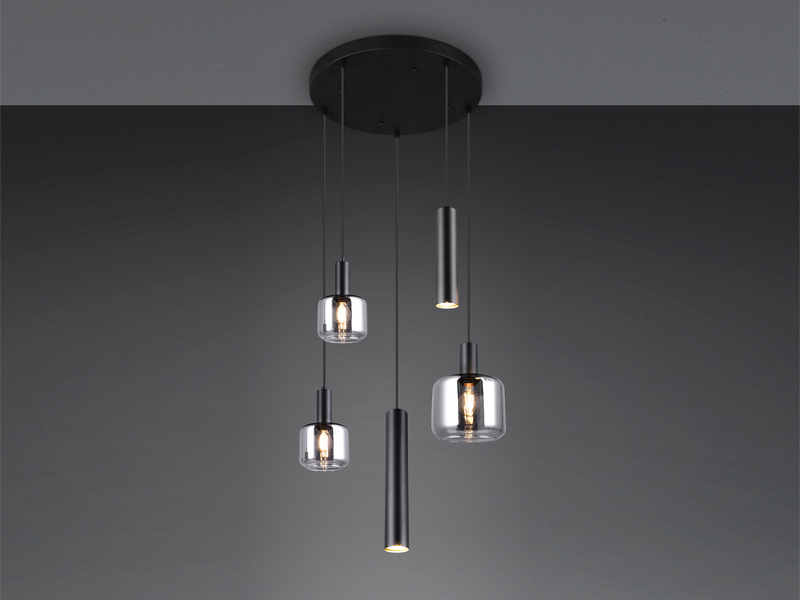 Cluster Pendelleuchte 5-flammig Metall mit Glasschirmen Chrom, inkl. LEDs Ø 40cm