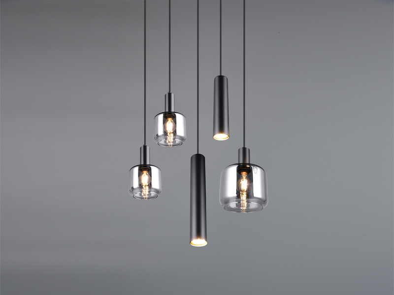 Cluster Pendelleuchte 5-flammig Metall mit Glasschirmen Chrom, inkl. LEDs Ø 40cm