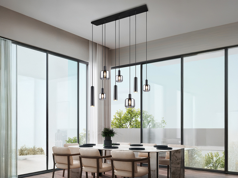 Pendelleuchte 8-flammig Metall mit Glasschirmen Chrom, inkl. LEDs, Breite 118cm