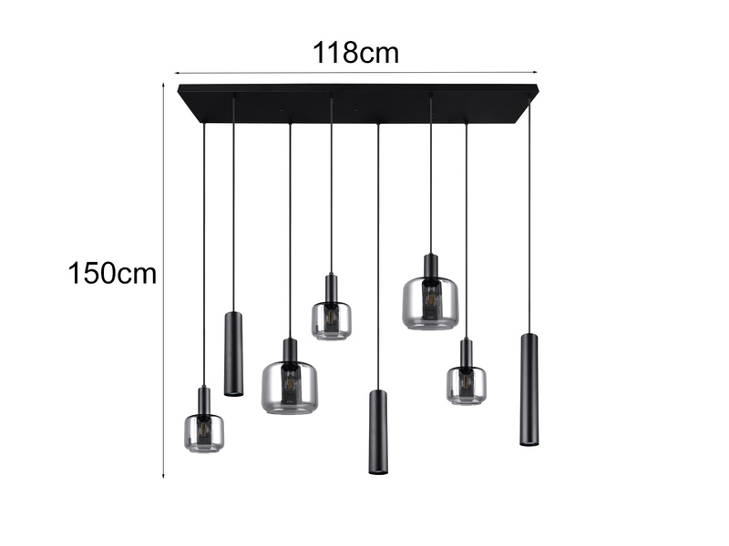 Pendelleuchte 8-flammig Metall mit Glasschirmen Chrom, inkl. LEDs, Breite 118cm