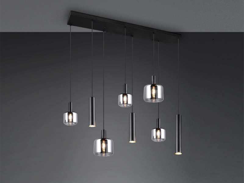 Pendelleuchte 8-flammig Metall mit Glasschirmen Chrom, inkl. LEDs, Breite 118cm