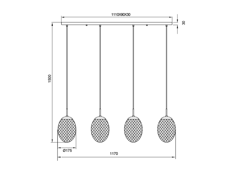 Pendelleuchte FACETTE 4-flammig mit farbigen ovalen Glasschirmen B: 117cm