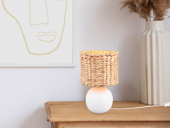 Tischleuchte VINA Keramikfuß Weiß mit Seegras Lampenschirm, Höhe 29cm