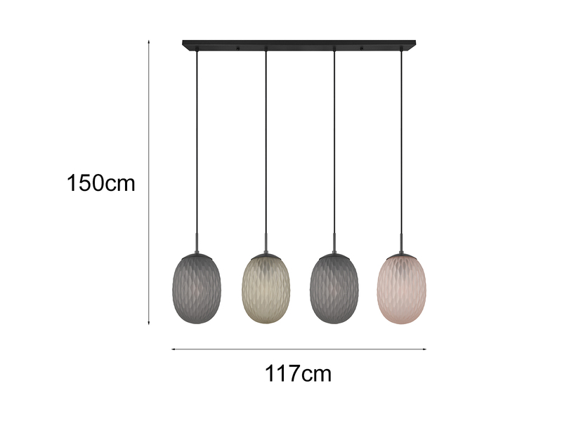 LED Pendelleuchte 4-flammig mit farbigen ovalen Glasschirmen B: 117cm