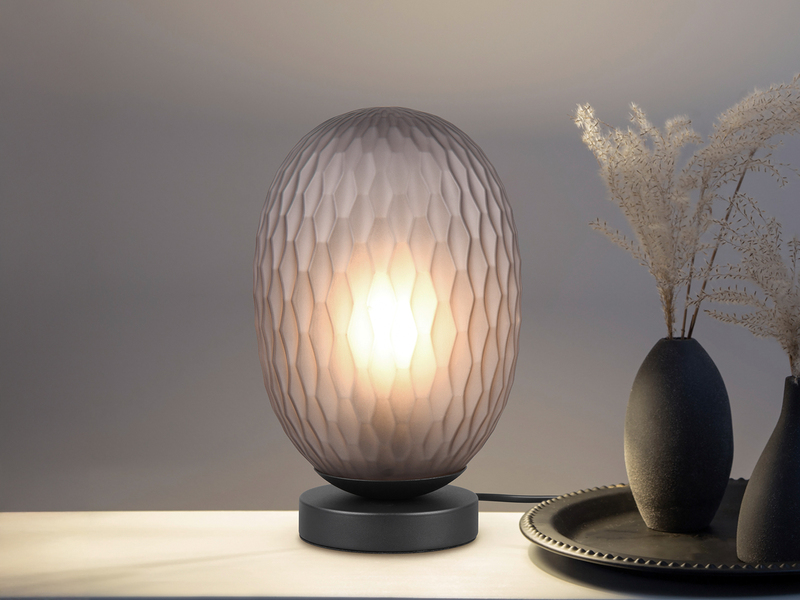 LED Tischleuchte mit ovalem Rauchglas Lampenschirm, Höhe 28cm