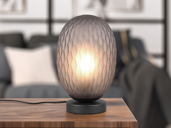 LED Tischleuchte mit ovalem Rauchglas Lampenschirm, Höhe 28cm