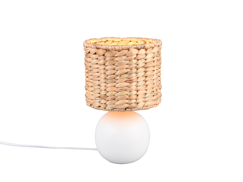 LED Tischleuchte Keramikfuß Weiß mit Seegras Lampenschirm, Höhe 29cm