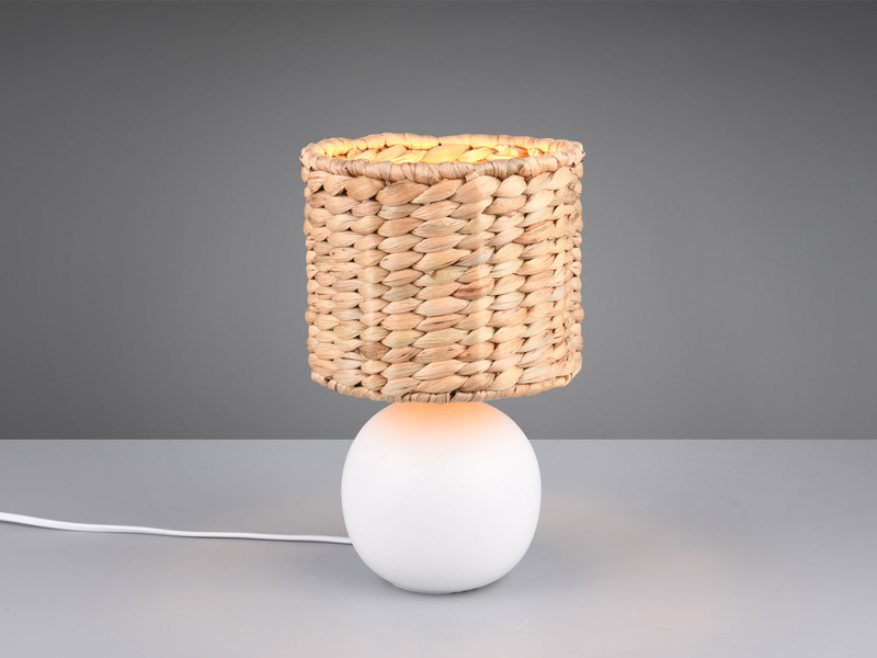 LED Tischleuchte Keramikfuß Weiß mit Seegras Lampenschirm, Höhe 29cm