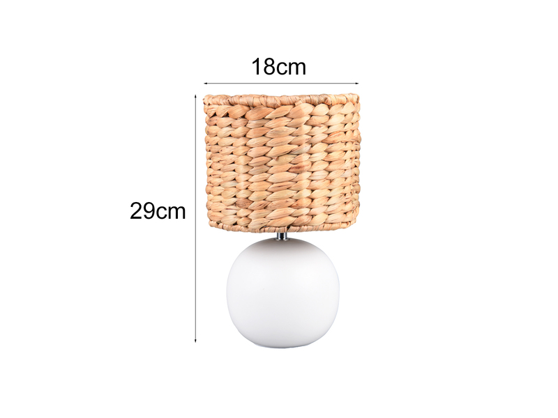 LED Tischleuchte Keramikfuß Weiß mit Seegras Lampenschirm, Höhe 29cm